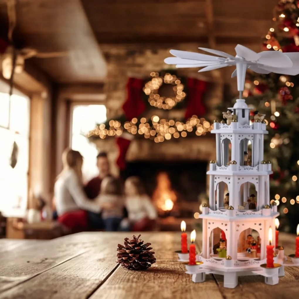 Piramidă de Crăciun MERRY, 60x20x20cm, albă Spielwerk