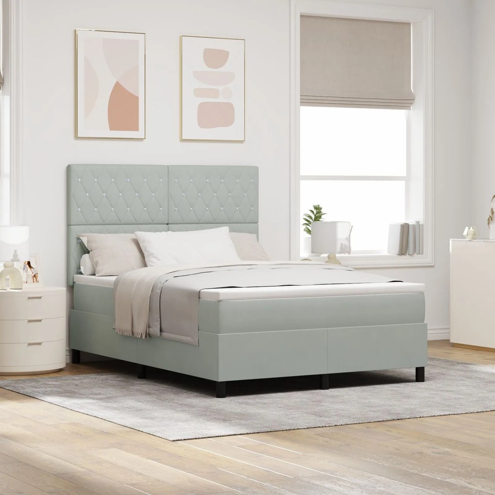 vidaXL Pat box spring cu saltea, gri deschis, 140x200 cm, catifea