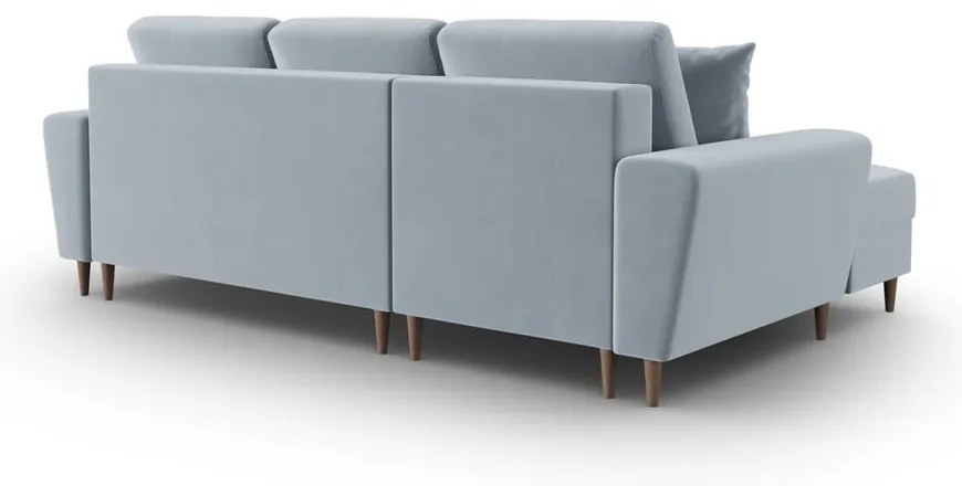 Colțar albastru deschis extensibil, cu spațiu de depozitare cu tapițerie din catifea (cu colț pe partea stângă, cu șezlong) Kyoto – Cosmopolitan Design