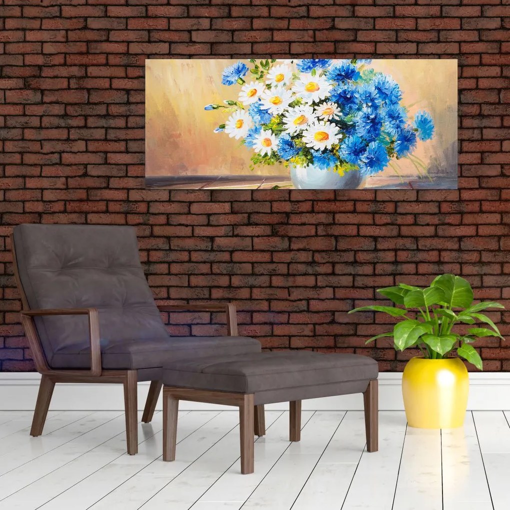 Tablou pictat cu vaza și flori (120x50 cm)