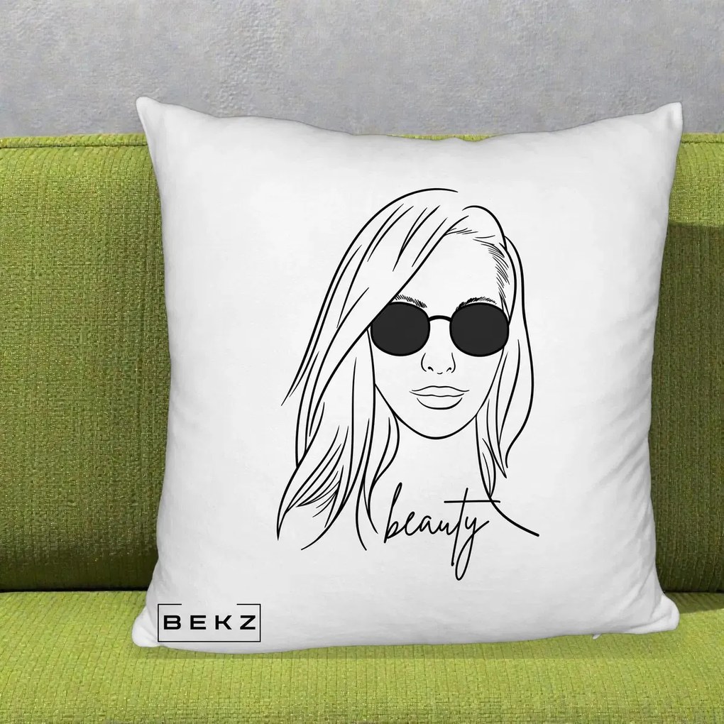 Perna Decorativa Beauty Girl Line Art, 40x40 cm, Alb Pufos, Husa Detasabila, Perna Inclusa, BEKZ®
