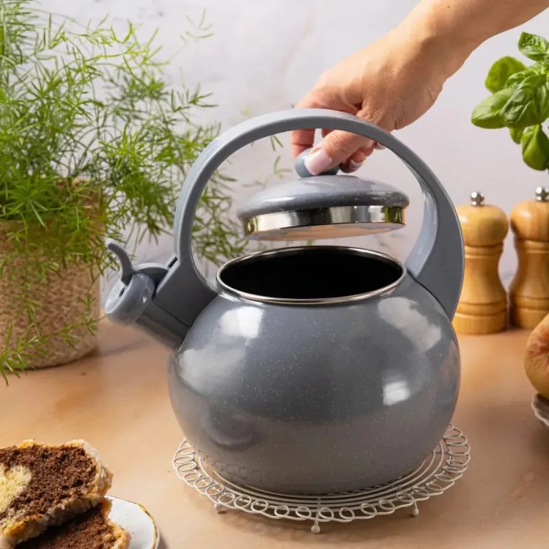 Ceainic cu fluier Kinghoff KH 2079, 2 l, Interior emailat, Toate plitele inclusiv inductie, Gri
