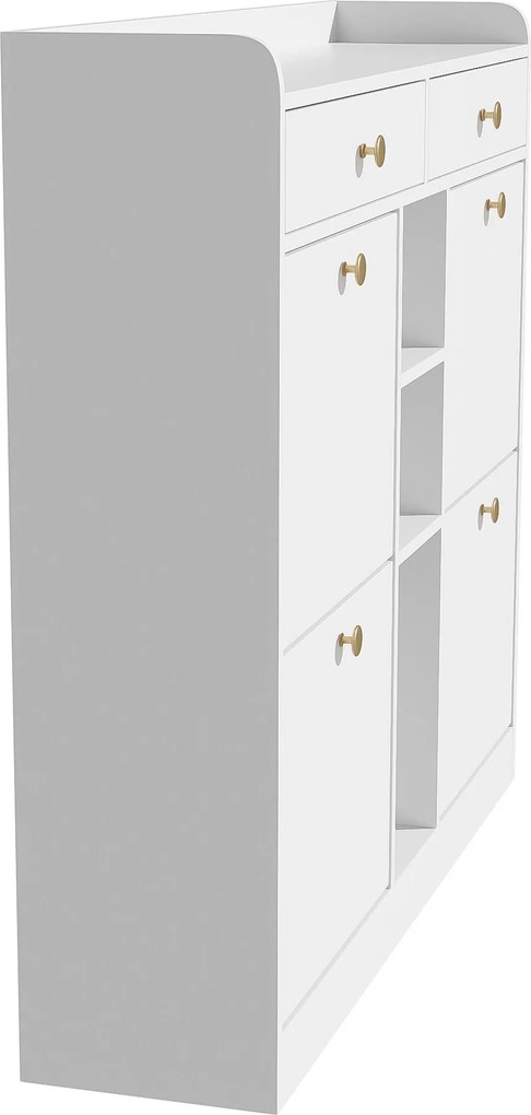 Dulap pentru pantofi cu 4 uși rabatabile, 2 sertare și 3 compartimente deschise, 110x26x100 cm, Alb