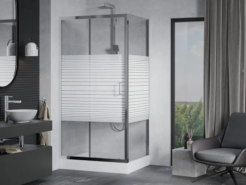 Mexen Apia cabina de duș glisantă 100 x 80 cm, dungi albe, crom + cadă de duș Rio - 840-100-080-01-20-4510