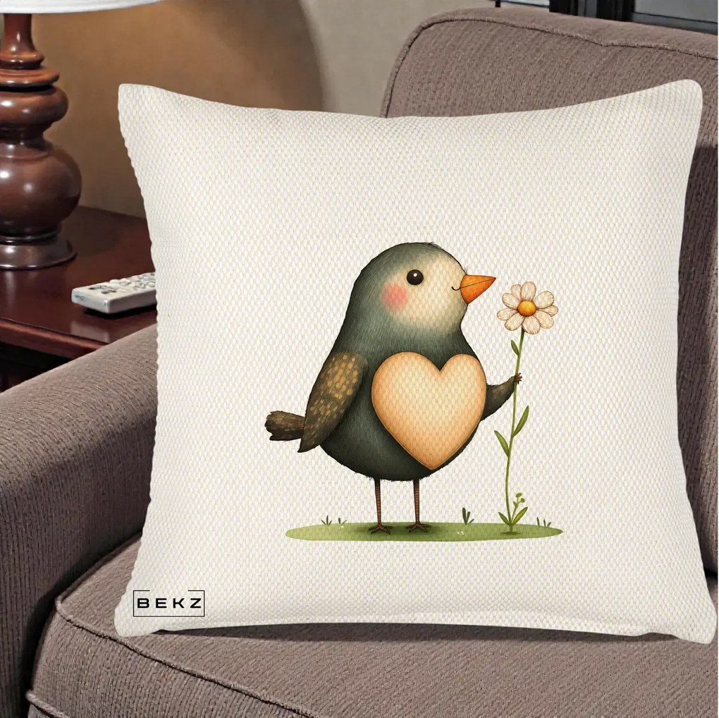Perna Decorativa Pasare cu Inima si Margareta, 40x40 cm, Crem Reliefat, Husa Detasabila, Perna Inclusa, BEKZ®