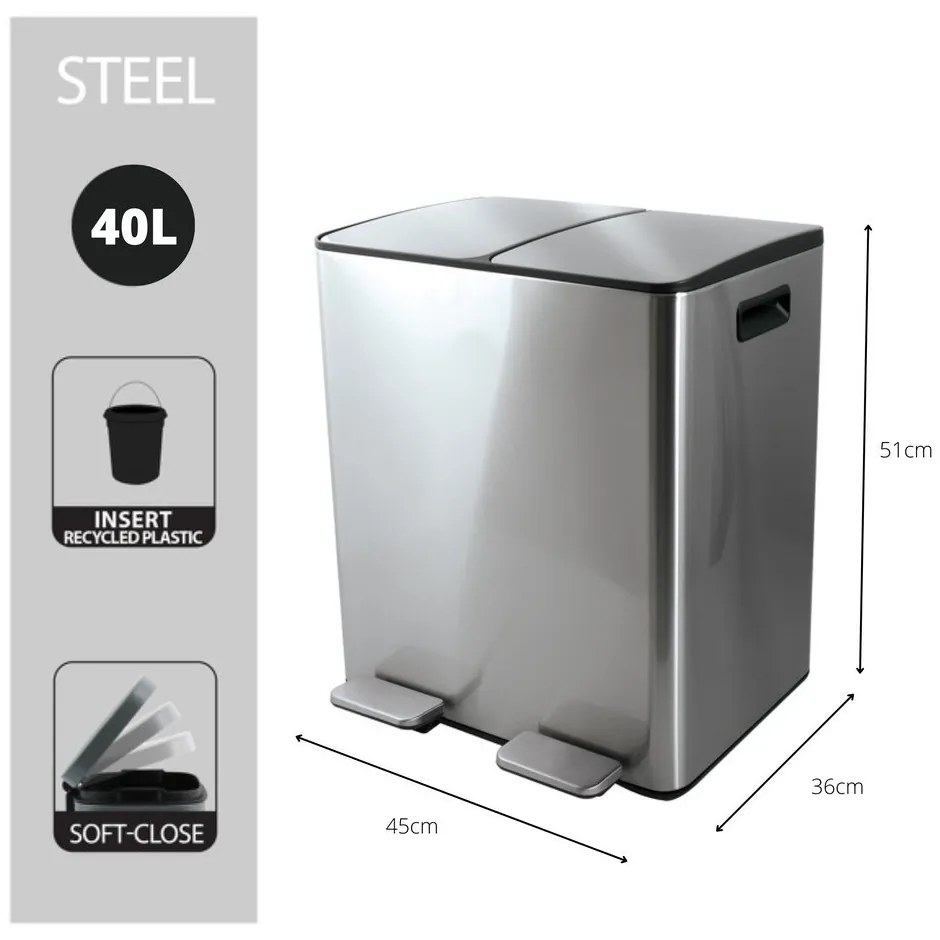 Coș de gunoi argintiu mat pentru reciclare/cu pedală 2x20 l din oțel Aliya – Spirella