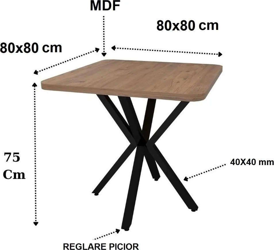 Masa de bucatarie din MDF patrat, marmorat negru, texturata, Homs 80x80x75 cm