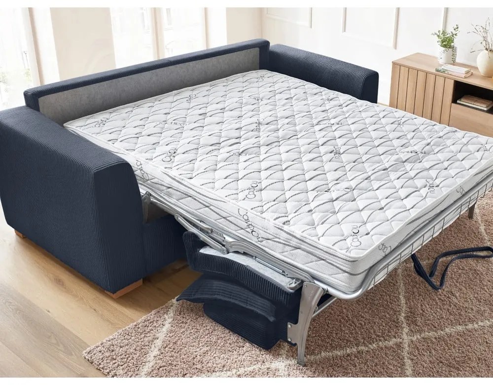 Canapea albastru-închis extensibilă cu tapițerie din catifea reiată 225 cm Augustin – Bobochic Paris