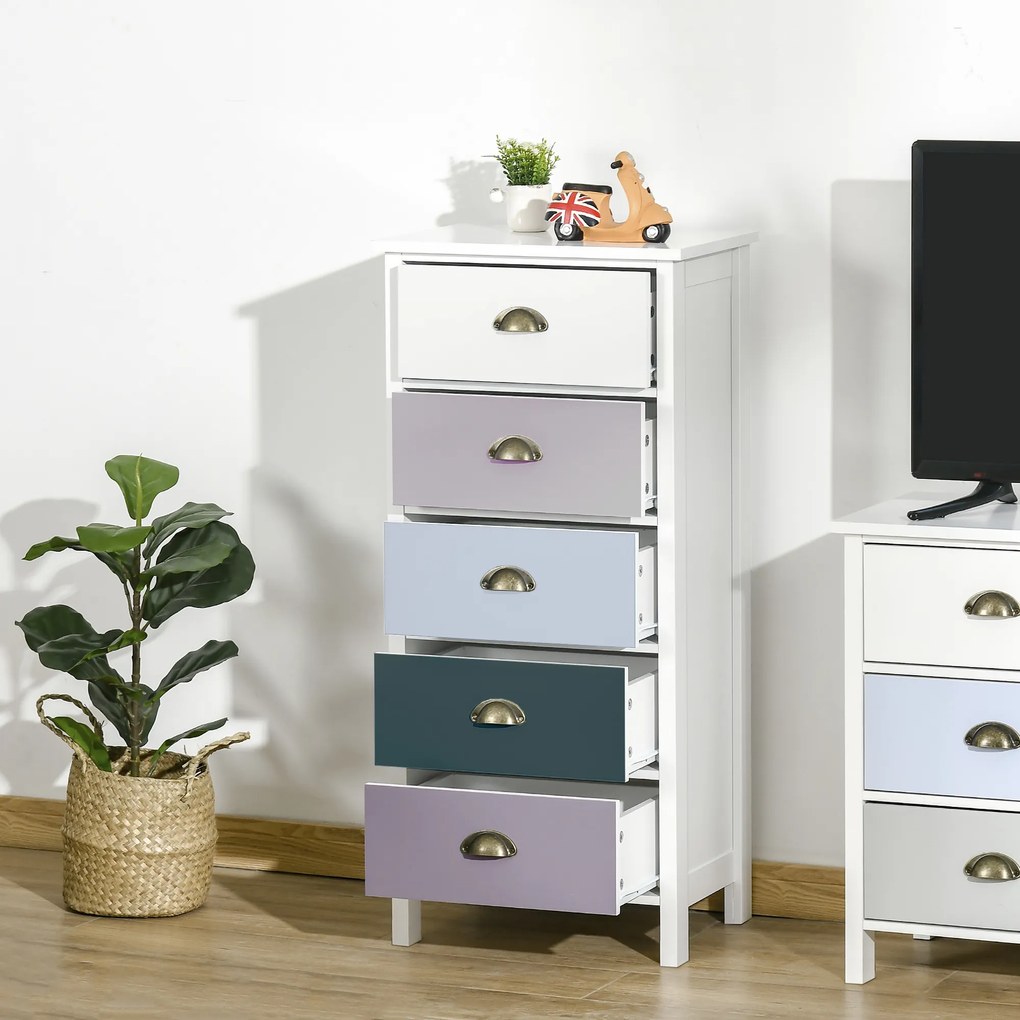 HOMCOM Comodă pentru Dormitor cu 5 Sertare Colorate, cu Mânere Metalice,  45x30x95.4 cm, Multicolor | Aosom Romania