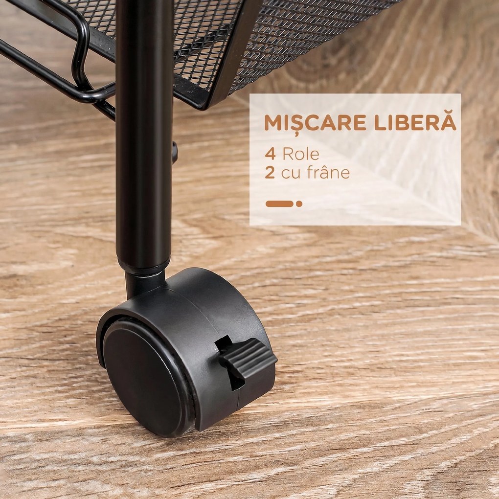 HOMCOM Cărucior Utilitar cu 4 Niveluri, Design Rulant cu Coșuri de Plasă și Cârlige, 45x26.5x84cm, Ideal pentru Bucătărie și Birou | Aosom Romania