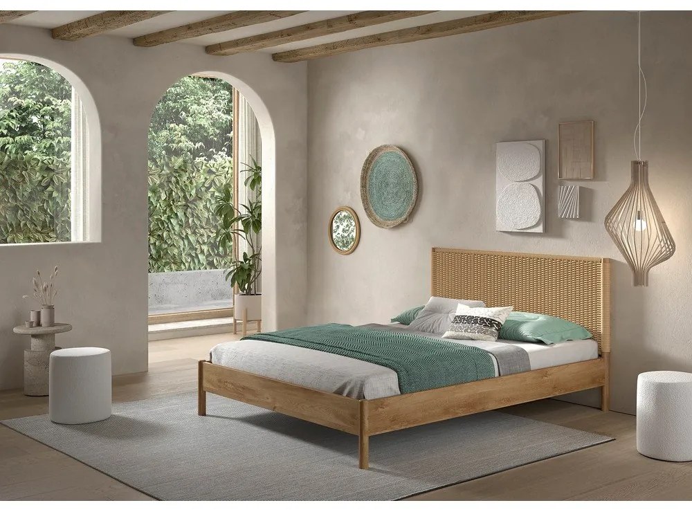 Pat matrimonial în culoare naturală din lemn de stejar fără somieră 160x200 cm Olive Rope – Vipack