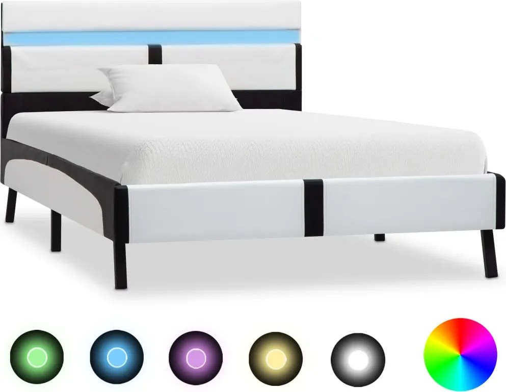 vidaXL Cadru de pat cu LED, alb și negru, 90x200 cm, piele ecologică
