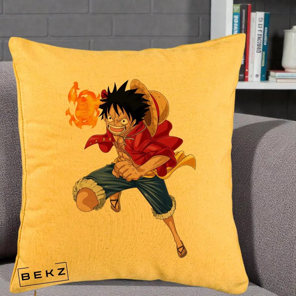 Perna Personalizata One Piece Luffy Gear Second Foc, 40x40 cm, Galben, Husa Detasabila, Perna Inclusa, BEKZ®