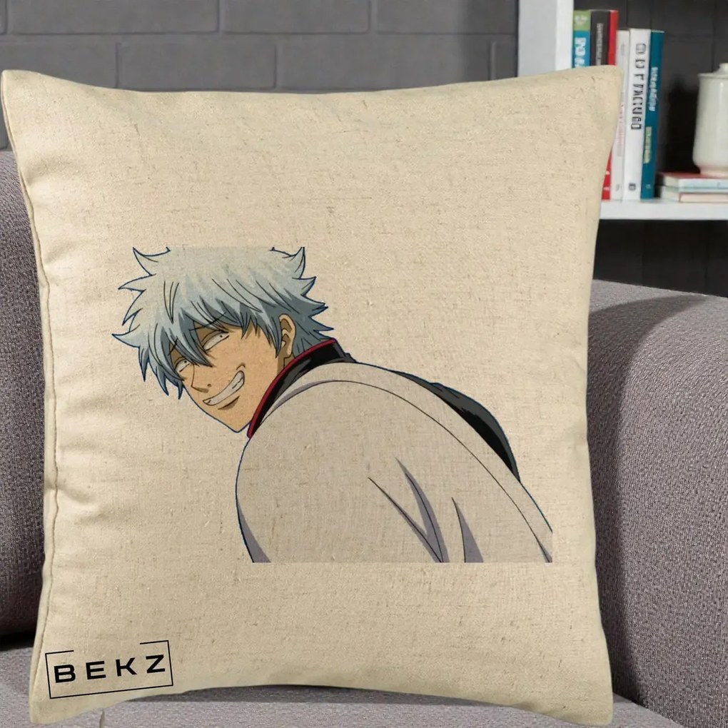 Perna Personalizata Gintama Gintoki Portret cu Zambet, 40x40 cm, Bej, Husa Detasabila, Perna Inclusa, BEKZ®