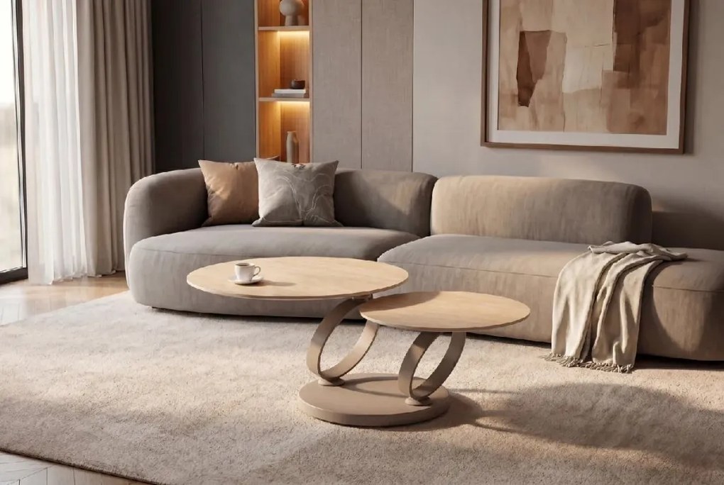 Masuta de cafea moderna cu doua blaturi rotative din ceramica DANCING RINGS 80-135cm