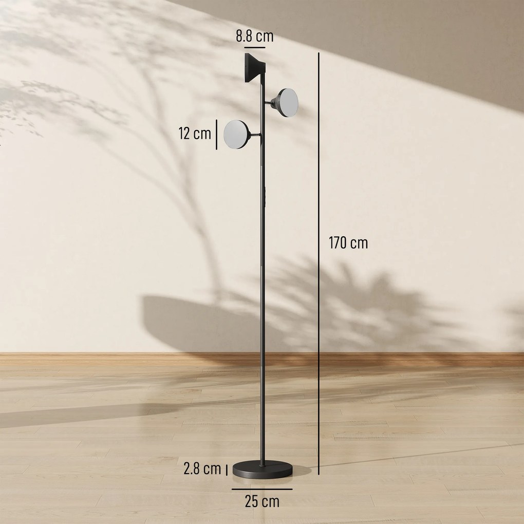 HOMCOM Lampă de Podea cu 3 Capete Reglabile Independent Φ25x170 cm Negru | Aosom Romania