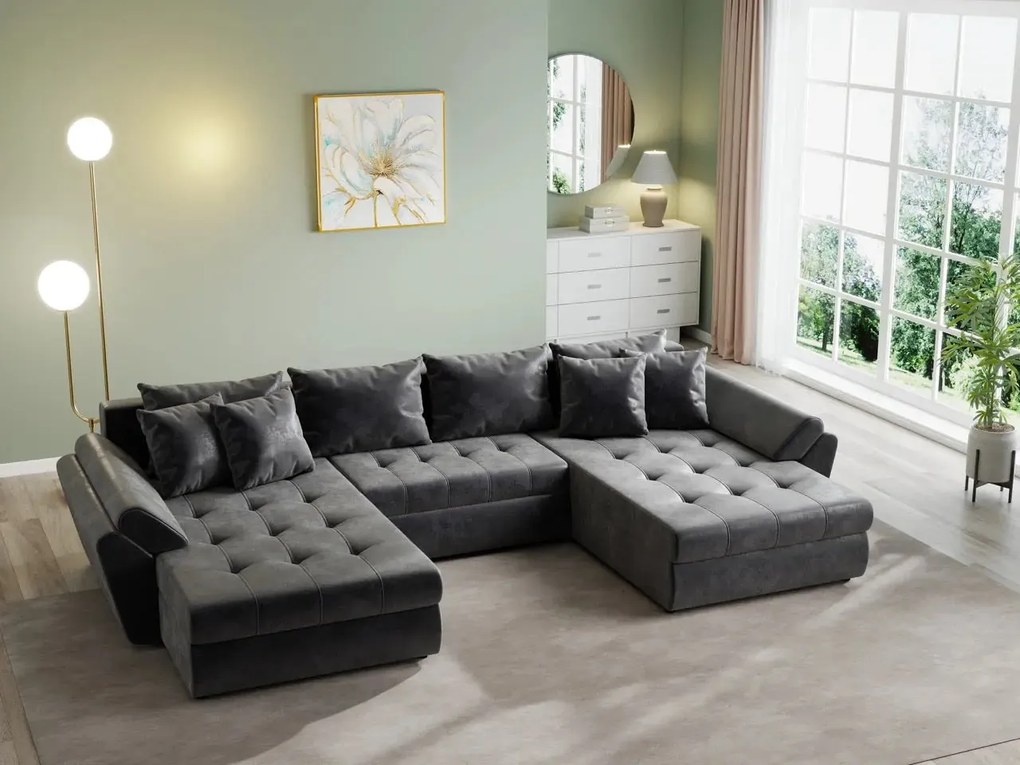 Colțar extensibil dumonde cu ladă de depozitare si sezut confortabil din spuma high-density, Loana U Madagaskar Black 355x185 cm