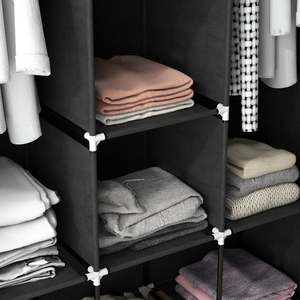 HOMCOM Dulap din Material Textil cu Bază Înălțată, 8 Rafturi și 2 Bare, 125x43x162.5 cm, Gri Închis | Aosom Romania
