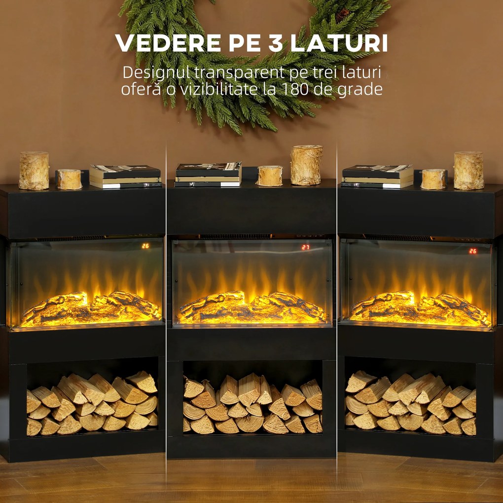 HOMCOM Șemineu electric cu efect de flacără colorată, 1000W/2000W și telecomandă | Aosom Romania