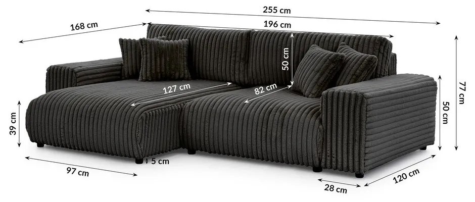 Colțar gri închis extensibil, cu spațiu de depozitare, cu tapițerie din catifea reiată (cu colț pe partea stângă) Sarina – Ropez