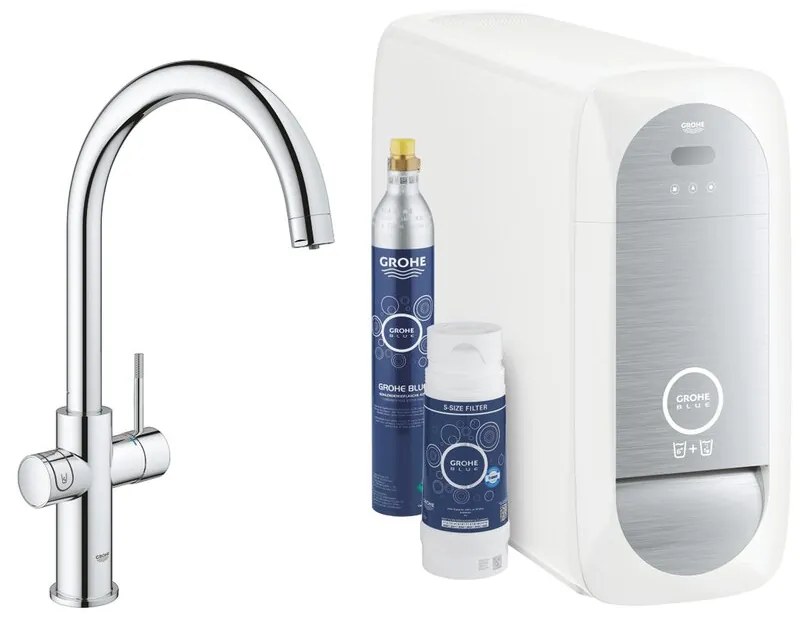 Baterie bucatarie Grohe Blue Home crom pipa tip C si Starter Kit