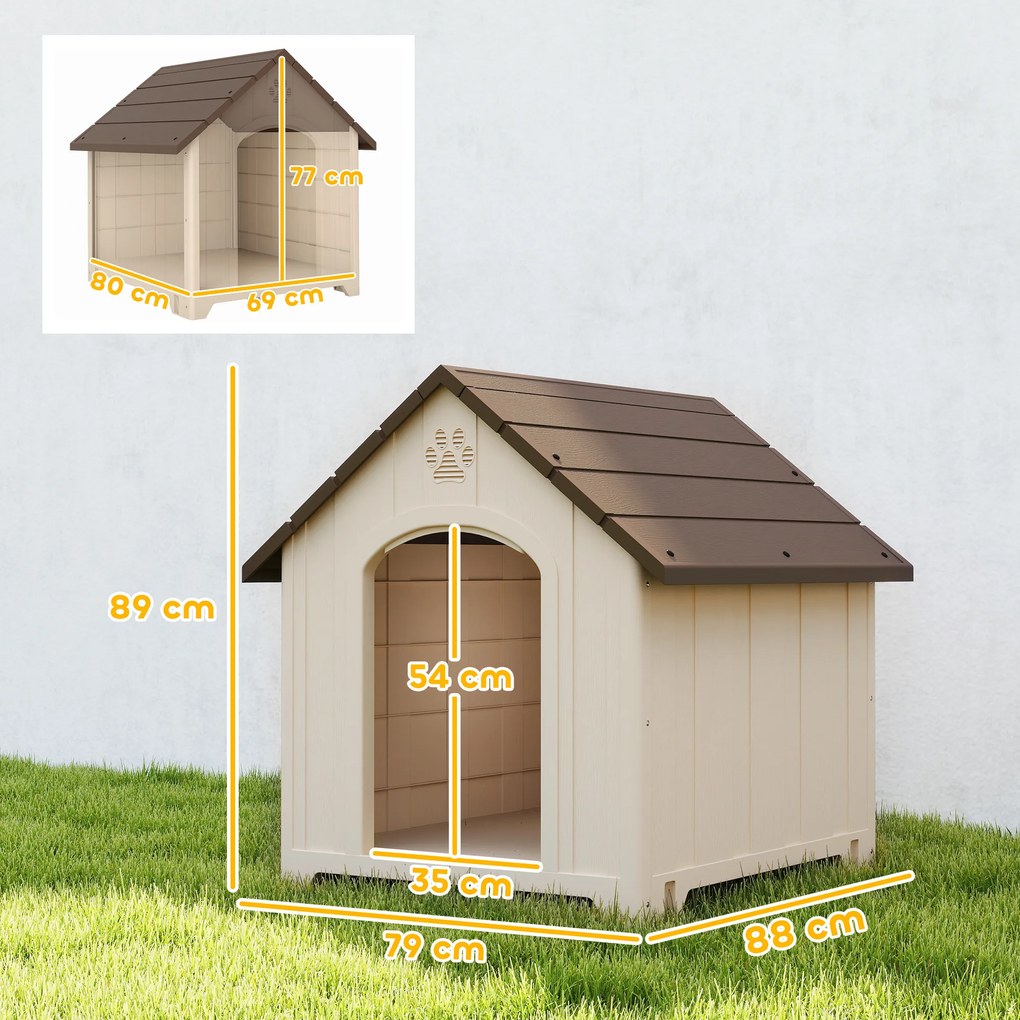 PawHut Căsuță pentru câini de talie medie și mare, ridicată, cu acoperiș înclinat, guri de aerisire și cuie, căsuță din PP, 88x78x89 cm, Bej și Maro Închis | Aosom Romania