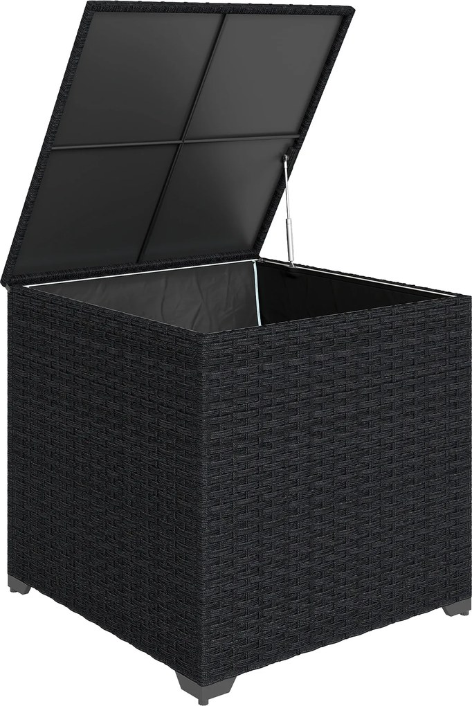 Outsunny Cufăr de depozitare exterior din ratan de 253 L cu tijă hidraulică, căptușeală cu fermoar și cadru din oțel, Negru | Aosom Romania