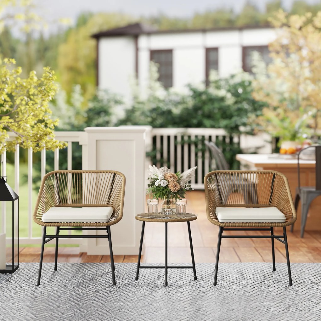 Outsunny Set Bistro din 3 Piese cu Măsuță de Cafea cu Blat de Sticlă și 2 Scaune, Φ45x46 cm, Natural | Aosom Romania