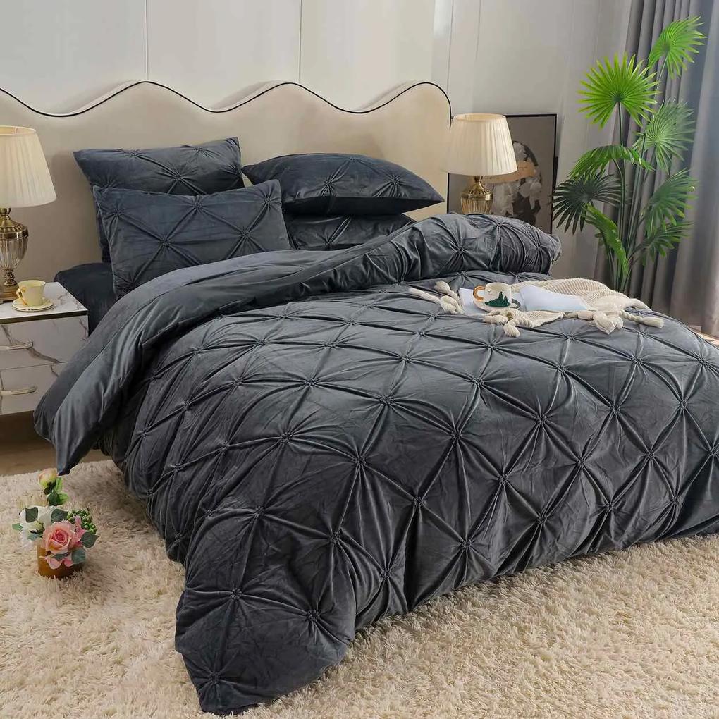 Lenjerie de pat din catifea, cu pliuri, 4 piese, pat 2 persoane, negru, LCPJ-06