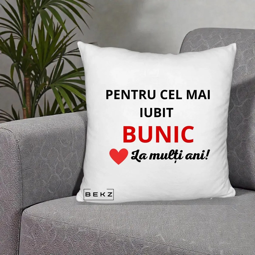 Cadou pentru Bunic - Perna Personalizata Pentru Cel Mai Iubit Bunic La Multi Ani Rosu, 40x40 cm, Alb Pufos, Husa Detasabila, Perna Inclusa, BEKZ®