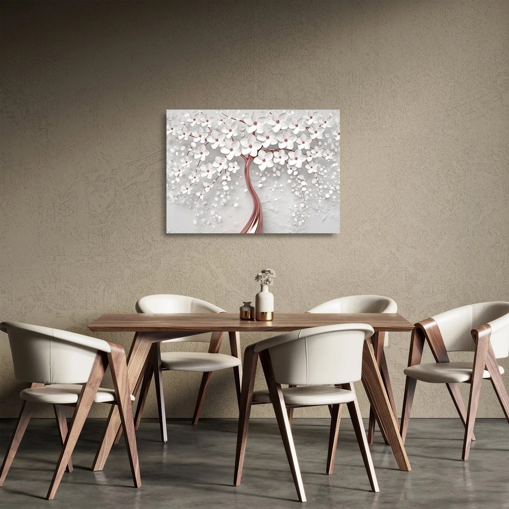 Tablou pe sticlă - Imaginea copacului alb cu flori albe, rosegold (70x50 cm)