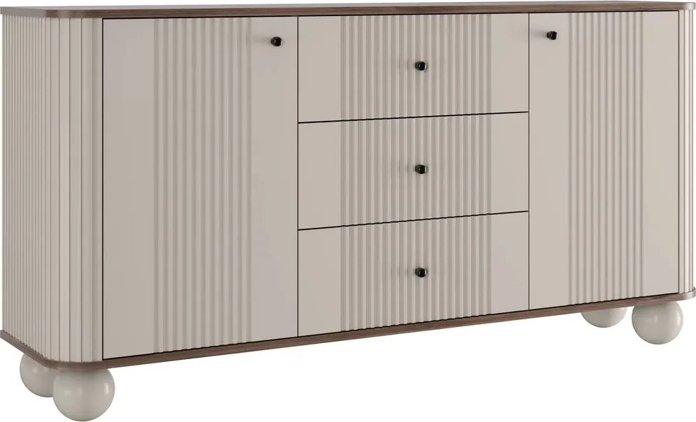 Comodă cu sertare pe picioare rotunde Vesper 160 cm - cașmir / nuc / mânere negre