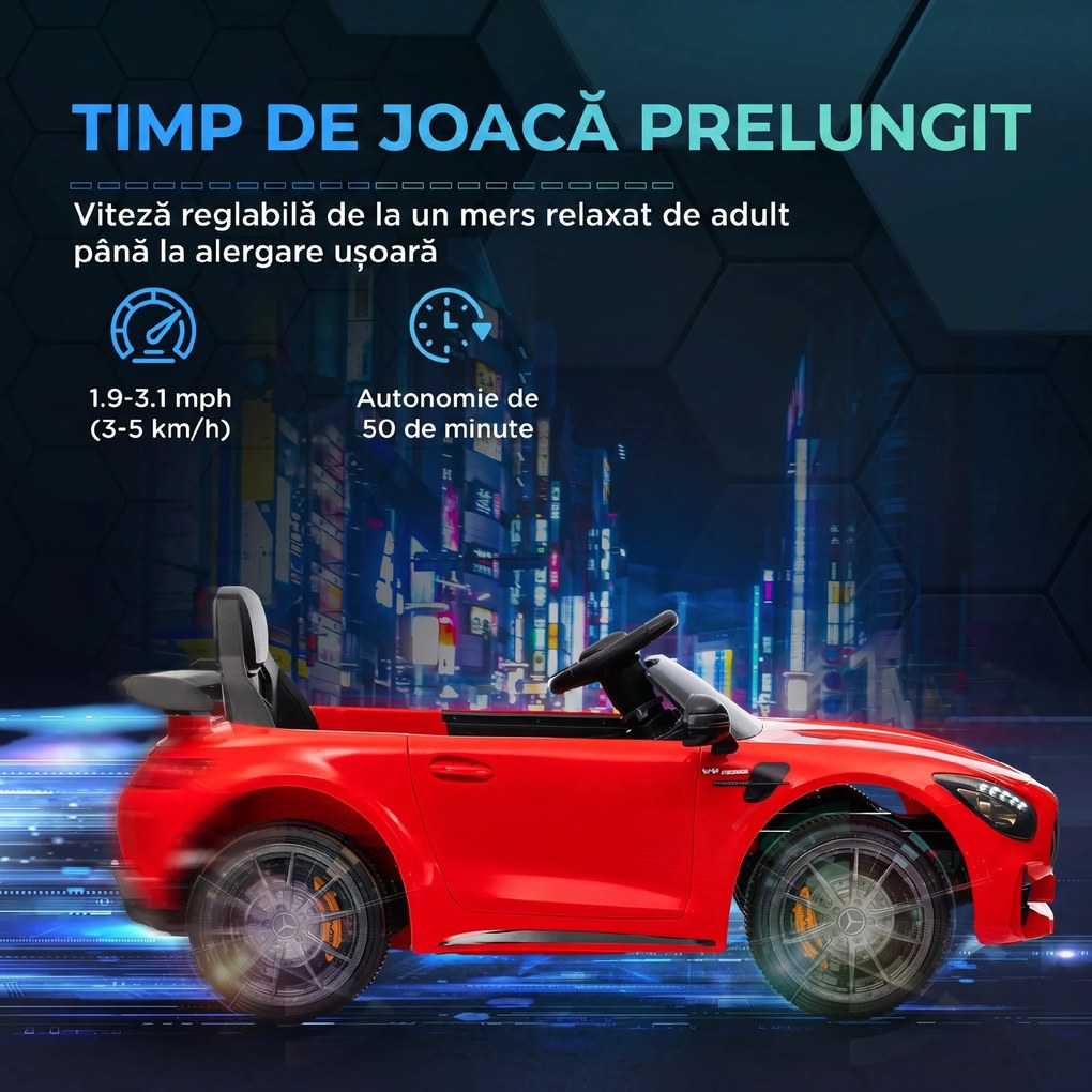 AIYAPLAY Mașină electrică pentru copii Mercedes-AMG GTR, 2 motoare, telecomandă, 3-5 km/h, roșu, 3-6 ani | Aosom Romania