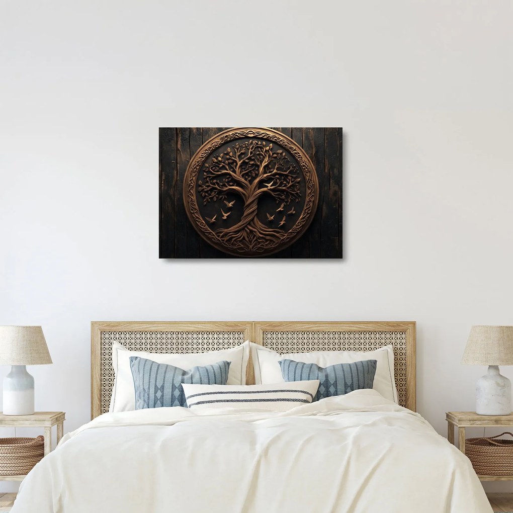 Tablou pe sticlă – Arborele vieții din lemn (70x50 cm)