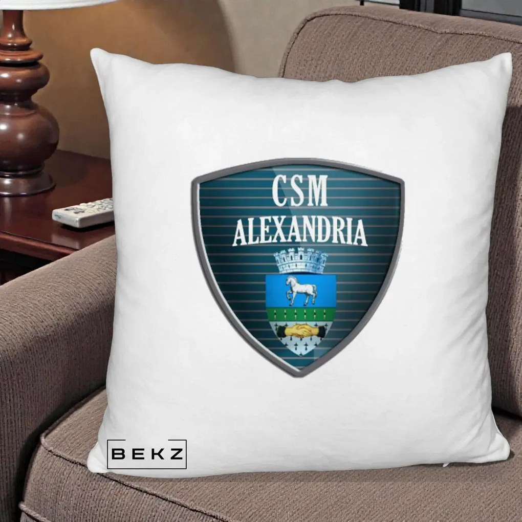 Perna personalizata CSM Alexandria Fotbal, 40x40 cm cu Umplutura, Alb Pufos, BEKZ