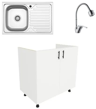 Set Masca Chiuveta Karo, Alb, 80 x 50 x 80 cm, Chiuveta Inox, Cuva stanga, Baterie Flexibila
