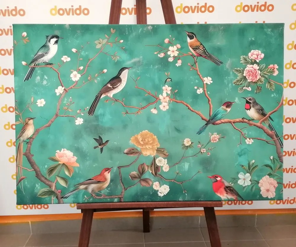 Tablou păsări vintage pe ramuri