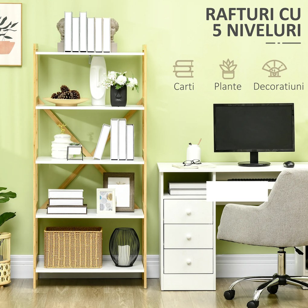 Raft de depozitare cu 5 niveluri, biblioteca, raft cu cadru din bambus pentru sufragerie, dormitor HOMCOM | Aosom RO