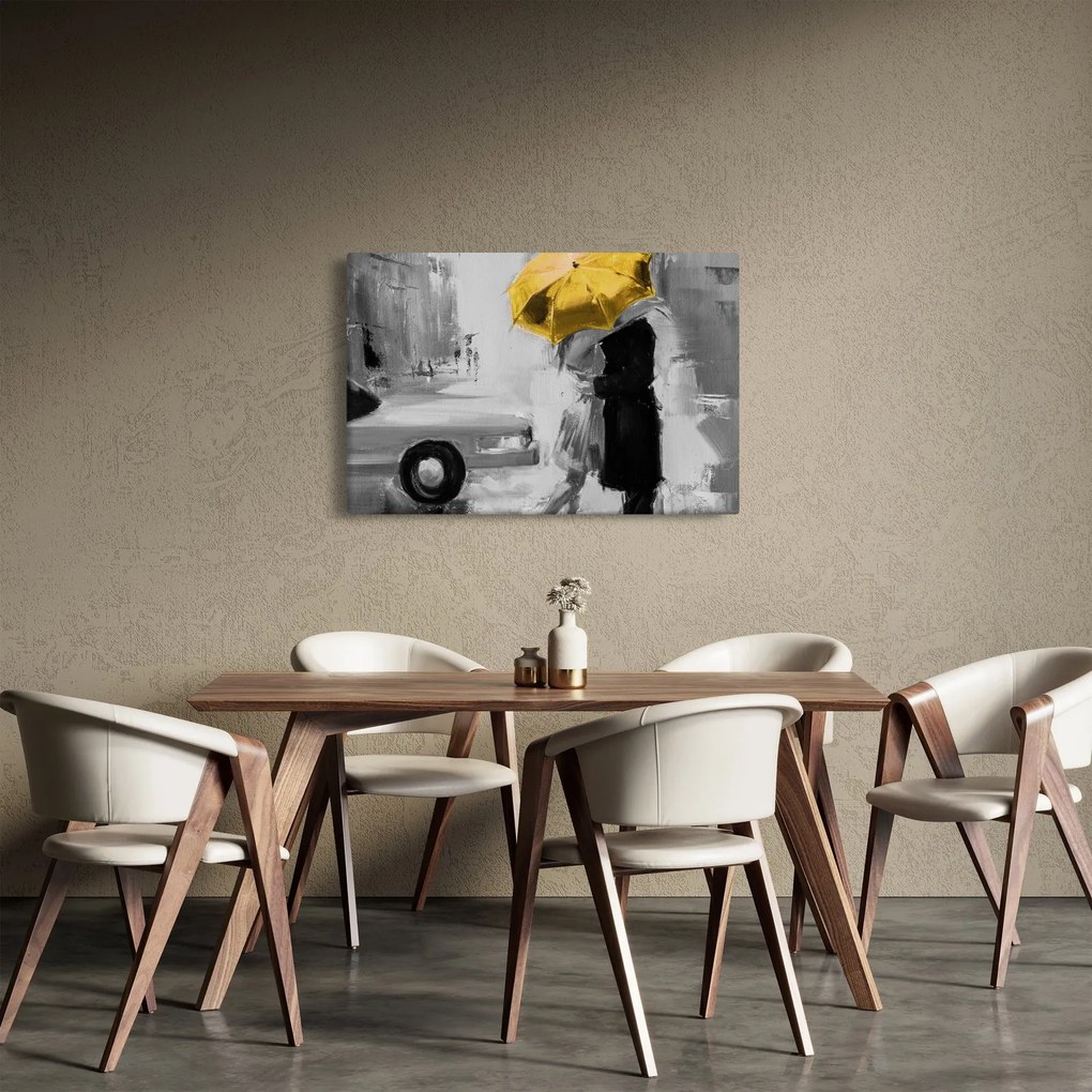 Tablou - Cuplu în dragoste sub o umbrelă, galben (90x60 cm)