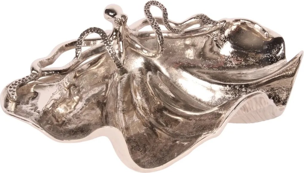 Bol decorativ din aluminiu reciclat, argintiu, în formă de scoică mare, cu caracatiță, centru de masă, finisaj lucios, 14 x 43 x 28 cm, „Bénitier”
