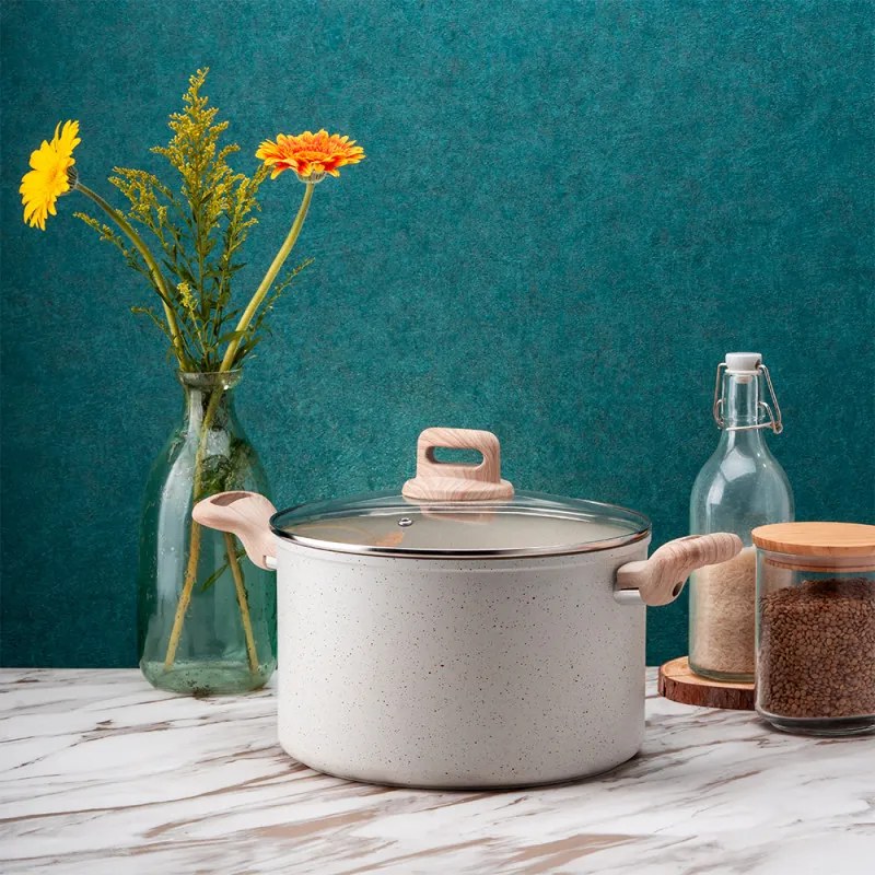 Oala cu capac Voltz Nice OV54418E24D, 24x15 cm, 6.5 L, Finisaj marmura, Inductie, Cream melange