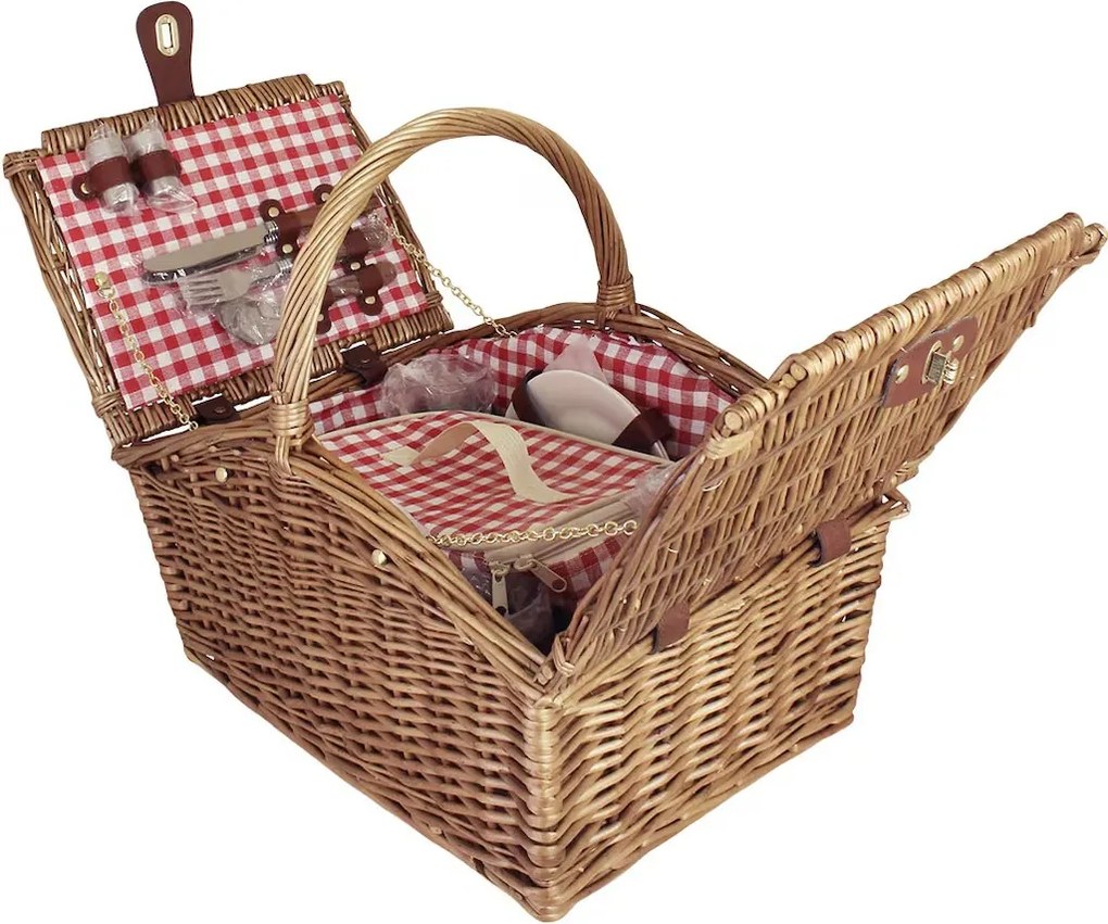 Coș de picnic din răchită împletită cu căptușeală roșie în carouri, pentru 4 persoane, „Barbro Red"
