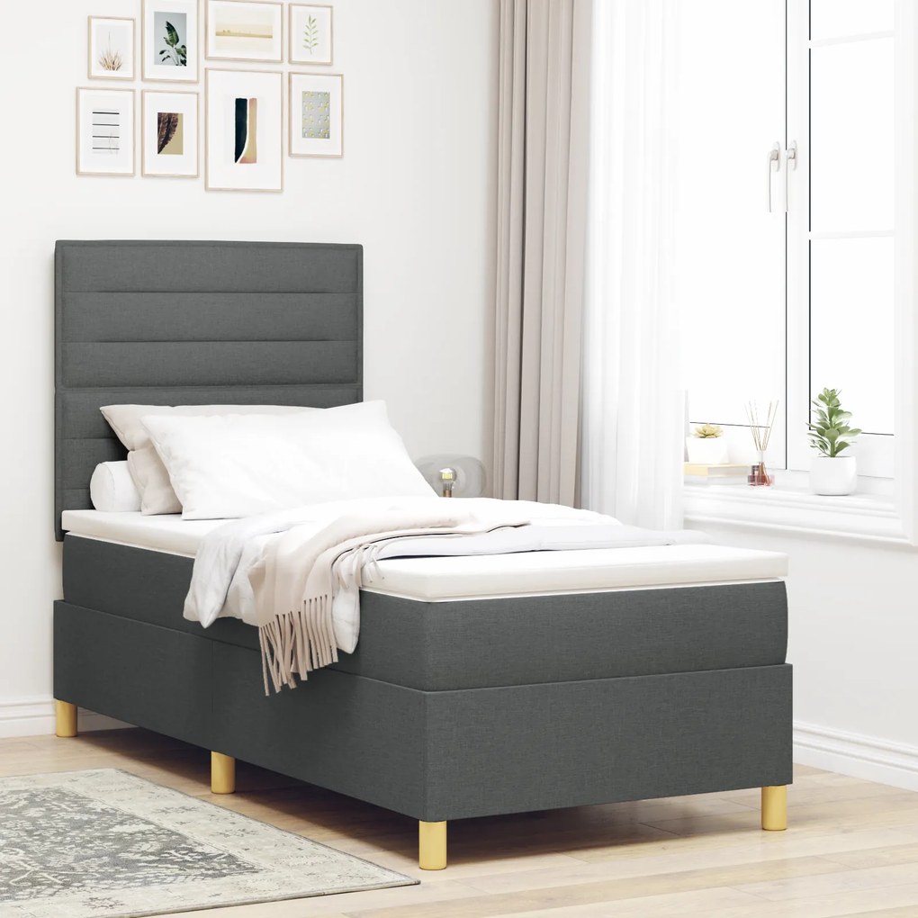 vidaXL Pat cu arcuri cu saltea și LED gri închis 80x200 cm țesătură