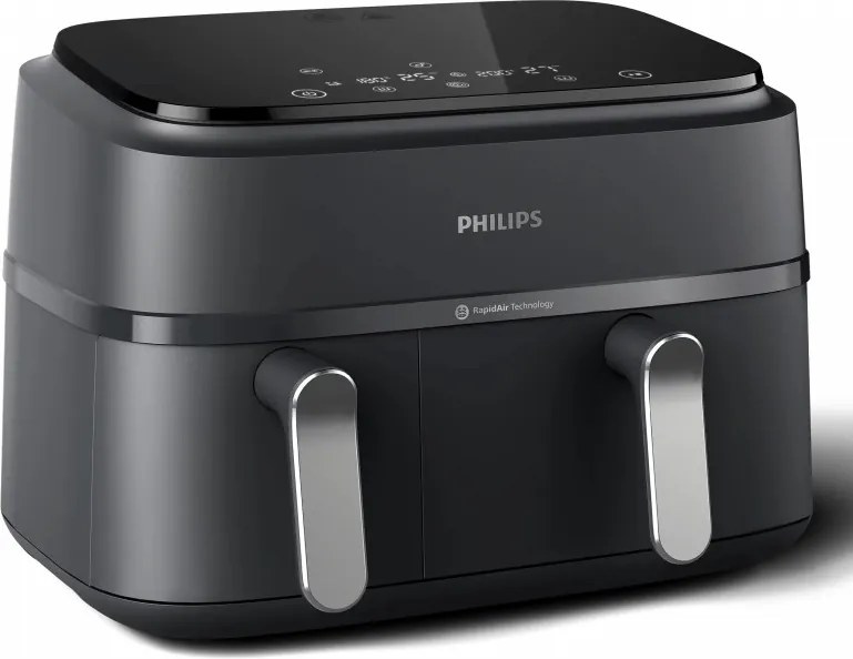 Friteuza dubla cu aer cald Philips NA351/00, 2750 W, 6+3 l, 80-200°C, 1,5 kg, 8 programe, Ecran tactil, Copiere si sincronizare, Negru/Argintiu
