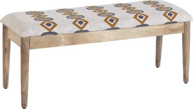 Banchetă tapițată pentru hol din bumbac ikat brodat manual și lemn masiv de mango, 113×35×45 cm, „Dakar"