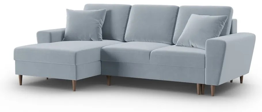 Colțar albastru deschis extensibil, cu spațiu de depozitare cu tapițerie din catifea (cu colț pe partea stângă, cu șezlong) Kyoto – Cosmopolitan Design