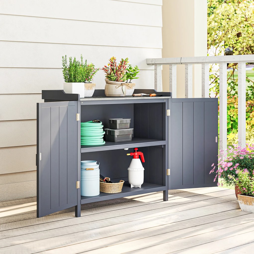 Outsunny Dulap pentru Exterior din Lemn de Brad cu Blat de Lucru din Metal Zincat si 2 Rafturi pentru Scule, 98x48x95.5 cm, Gri | Aosom Romania