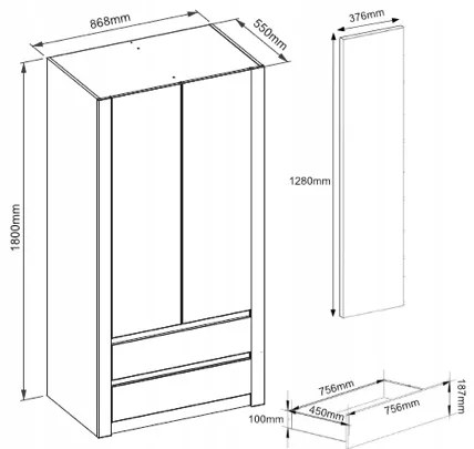 Dulap modern cu două uși MODERN B20 180 x 90 x 55 cm - diferite variante de culoare sonoma mix alb
