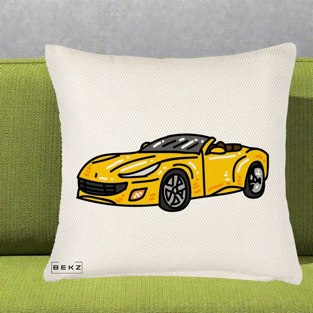 Perna Personalizata Masina Cabriolet Galbena Grafic, 40x40 cm, Crem Reliefat, Husa Detasabila, Perna Inclusa, BEKZ®
