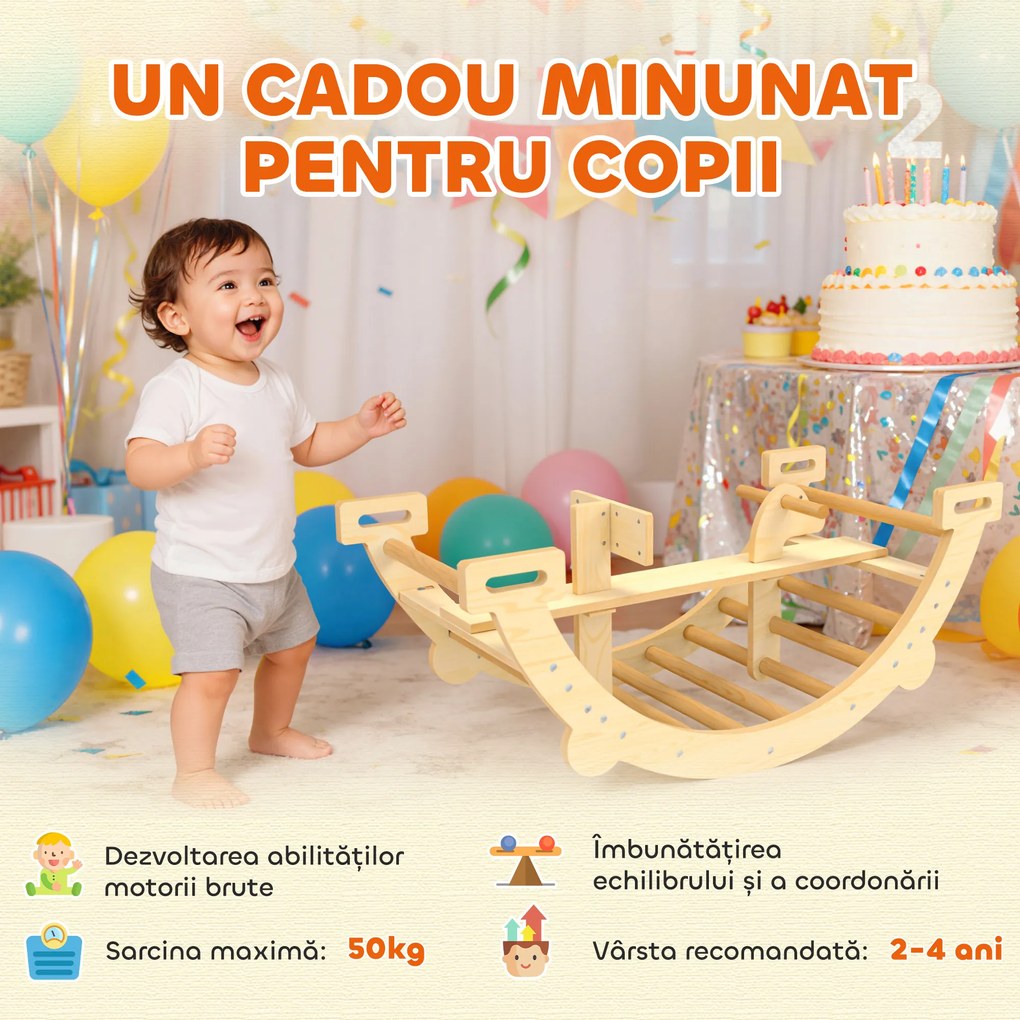 AIYAPLAY Arc Montessori din Lemn pentru Copii 2-4 Ani, Convertibil în Balansoar, Joc de Cățărare, 110x52x45 cm, culoare Lemn | Aosom Romania